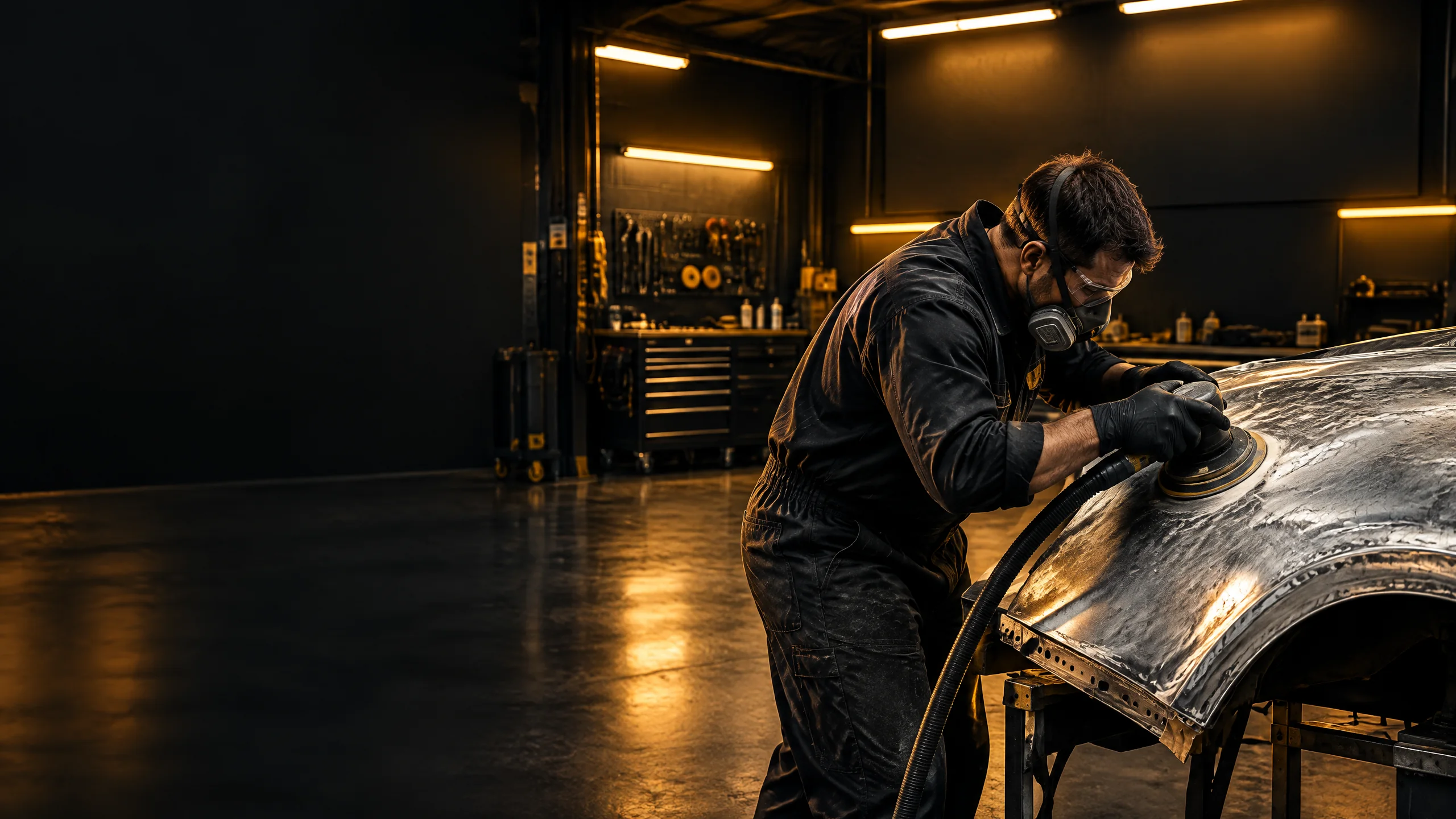 Body repair workshop with a technician sanding a galvanised panel