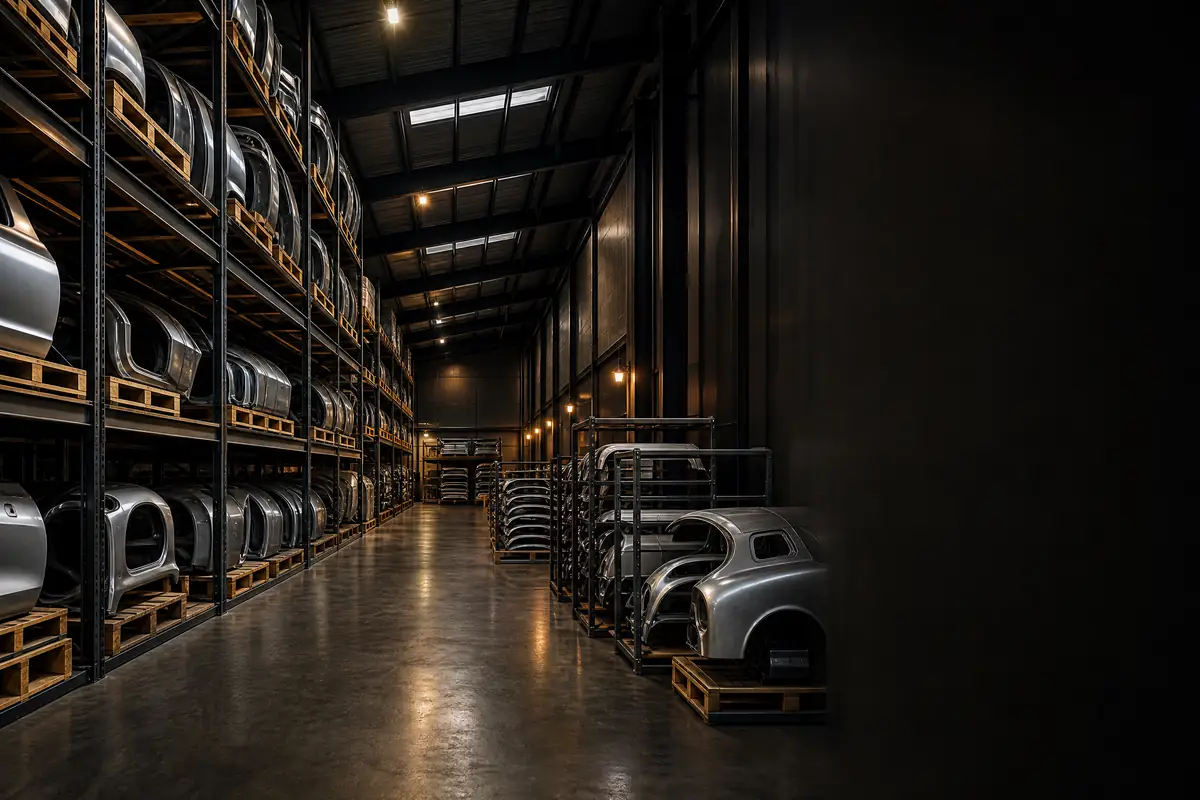 MRJ Autos warehouse shelves with replacement body panels